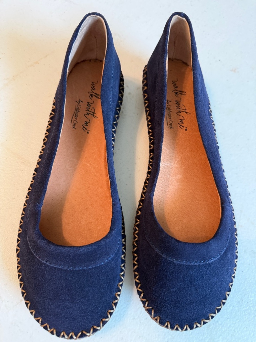 Women’s Navy Suede Ballet Flats with Contrast Stitch Trim